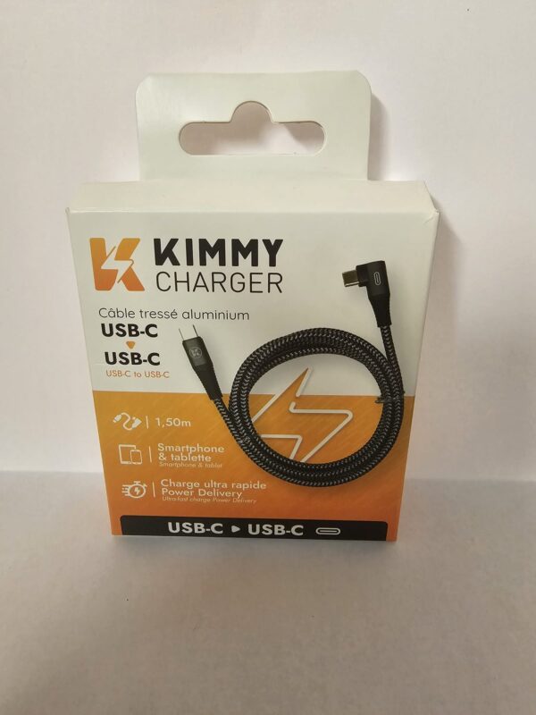 Câble tressé USB-C/USB-C 1,5m 100W NOIR  KIMMY CHARGER – Image 2